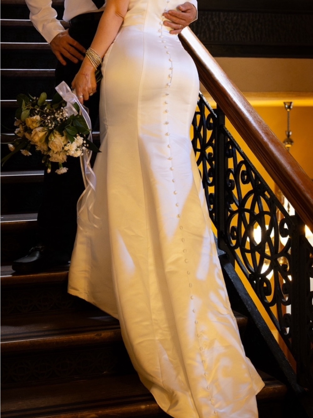 Elegant White Satin Bridal Gown with Button-Back Detail